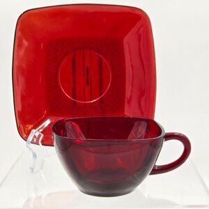 Anchor Hocking Charm Ruby Square Cup & Saucer Set of 2 Pressed Glass USA Made
